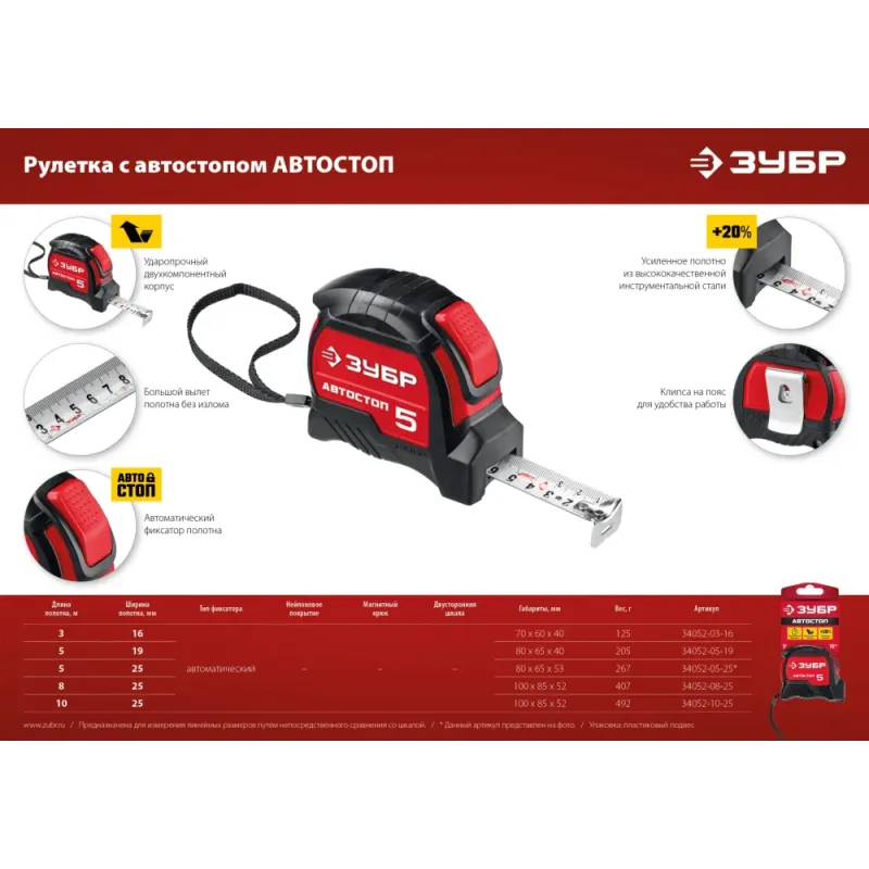 ЗУБР Автостоп, 10 м х 25 мм, рулетка с автостопом (34052-10-25)