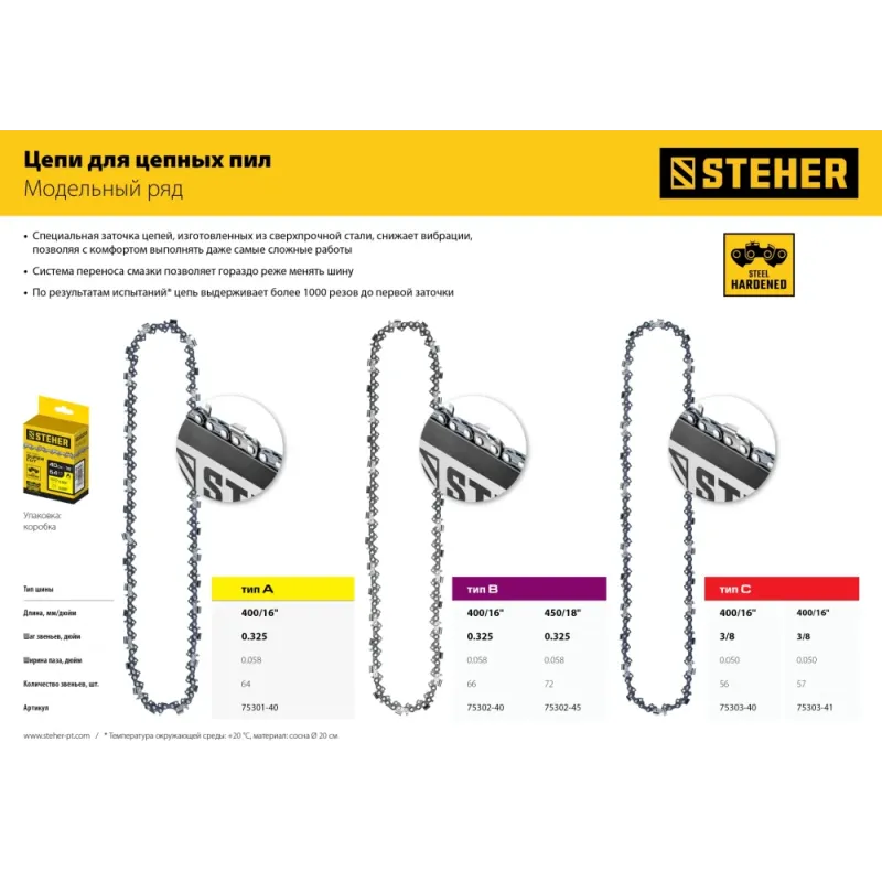 STEHER type A, шаг 0.325″, паз 1.5 мм, 64 звена, цепь для бензопил (75301-40)