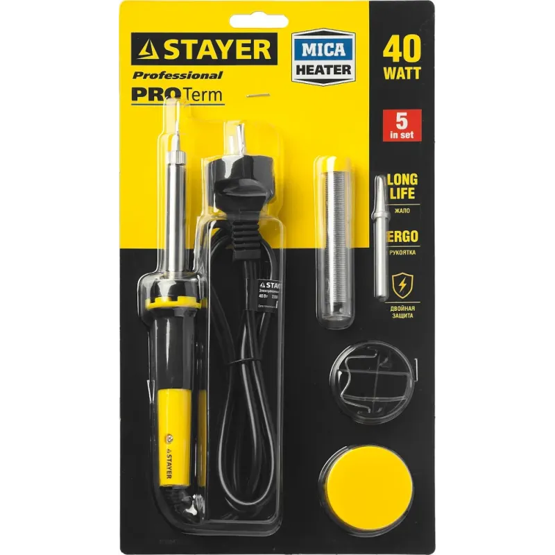 STAYER PROTerm, 40 Вт, с 2к рукояткой, конус, подставка + припой + сменное жало + канифоль, набор для паяльных работ, Professional (55312-40-H5)