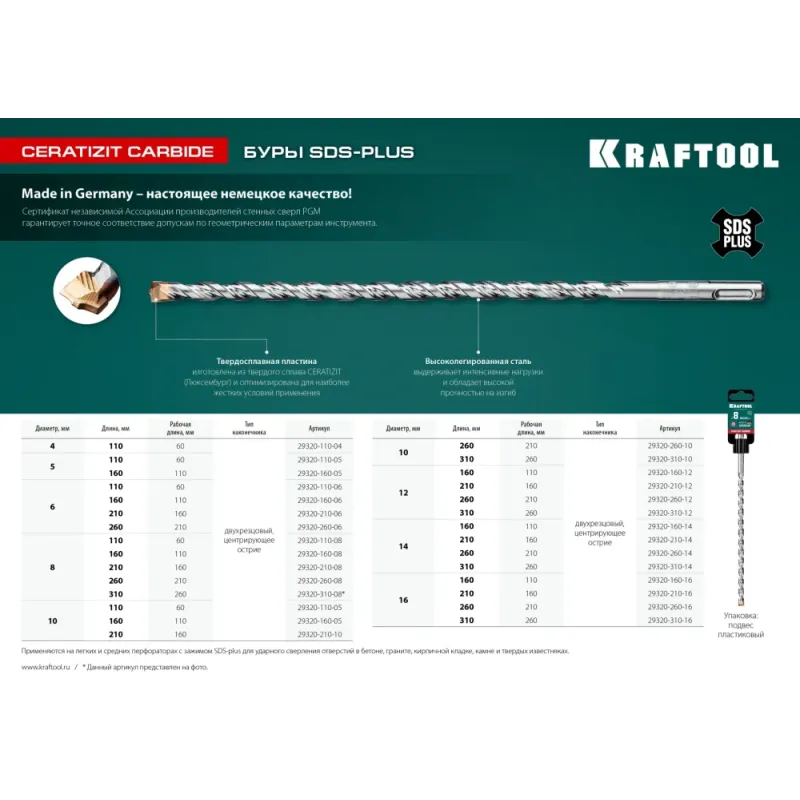 KRAFTOOL Ceratizit Carbide, 10 х 260 мм, SDS-plus бур (29320-260-10)