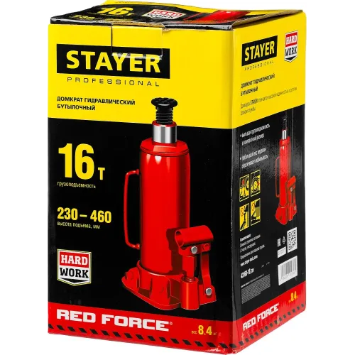 STAYER RED FORCE, 16 т, 230 - 460 мм, бутылочный гидравлический домкрат, Professional (43160-16)