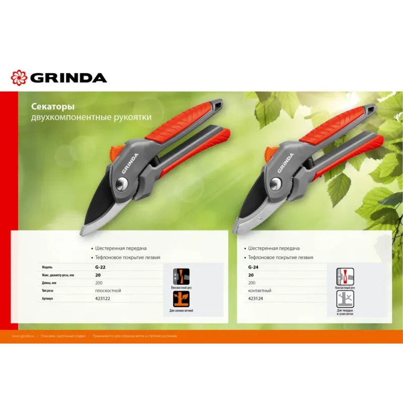 GRINDA G-22, 200 мм, с двухкомпонентными рукоятками, плоскостной секатор (423122)