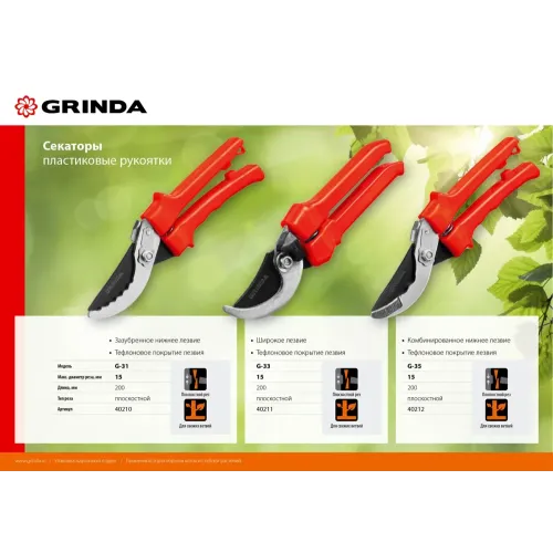 GRINDA G-33, 200 мм, закаленные лезвия, тефлоновое покрытие, пластиковые рукоятки, плоскостной секатор (40211)