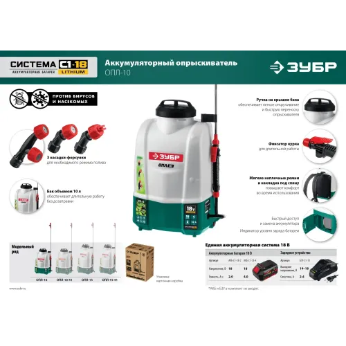 ЗУБР 10 л, без АКБ, аккумуляторный опрыскиватель (ОПЛ-10)