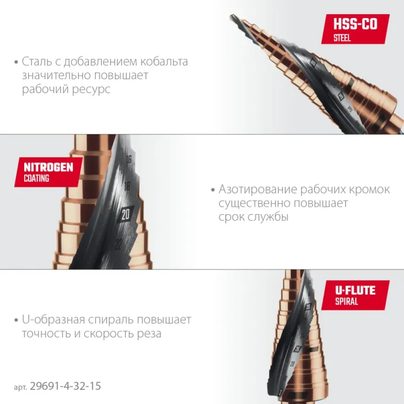 KRAFTOOL COBALT 4-32мм, 15 ступеней, азотирование, винтовая спираль, сверло ступенчатое(29691-4-32-15)