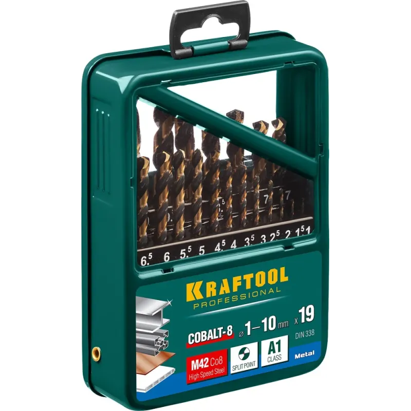 KRAFTOOL COBALT-8, 19 шт, (1-10 мм), сталь М42, HSS-Co(8%), набор сверл по металлу (29656-H19)