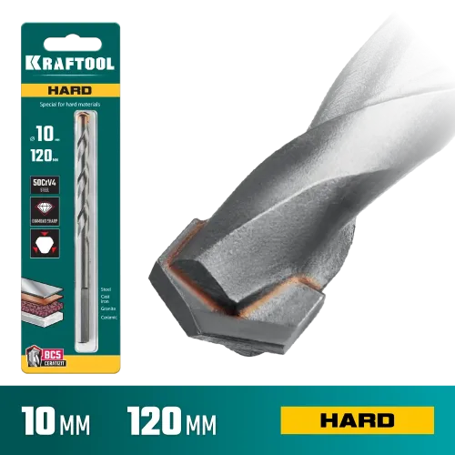 KRAFTOOL Hard, 10 х 120 мм, тв.сплав ВС5, сверло специальное по твёрдым материалам (29177-120-10)