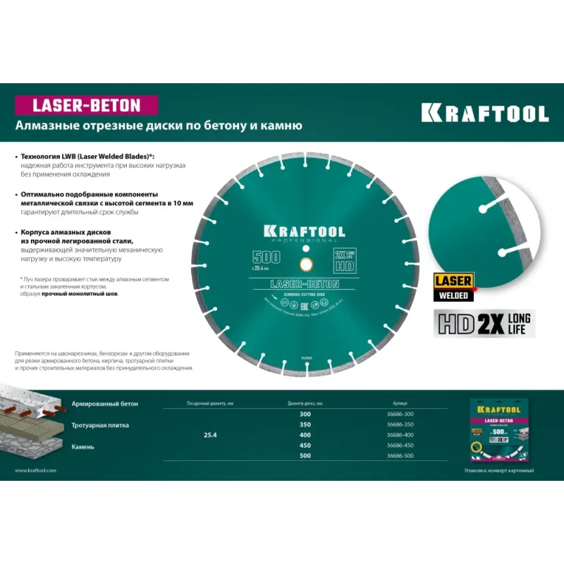 KRAFTOOL LASER-BETON 350 мм (25.4/20 мм, 10х3.2 мм), алмазный диск (36686-350)