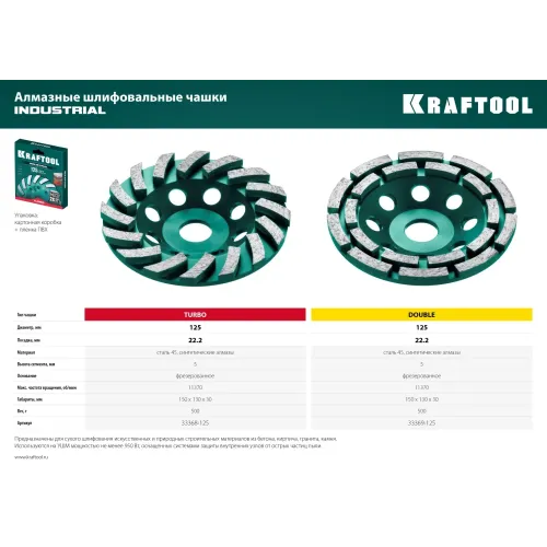 KRAFTOOL Double, d 125 мм, двухрядная алмазная шлифовальная чашка, INDUSTRIAL (33369-125)
