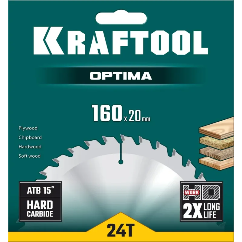 KRAFTOOL Optima, 160 х 20 мм, 24Т, пильный диск по дереву (36951-160-20)
