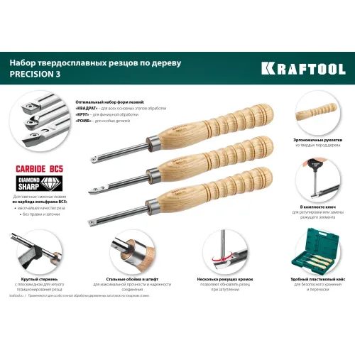 KRAFTOOL Precision-3, 3 предм., набор ручных резцов по дереву (18369)