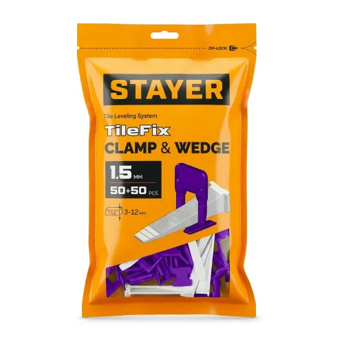 STAYER СВП TileFix, комплект: 1,5 мм, зажим + клин, 50 + 50 шт, система выравнивания плитки ″ворота″ (33842-H50)