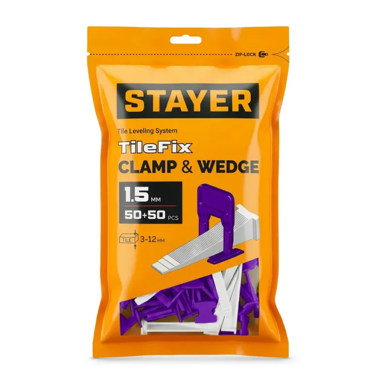 STAYER СВП TileFix, комплект: 1,5 мм, зажим + клин, 50 + 50 шт, система выравнивания плитки ″ворота″ (33842-H50)