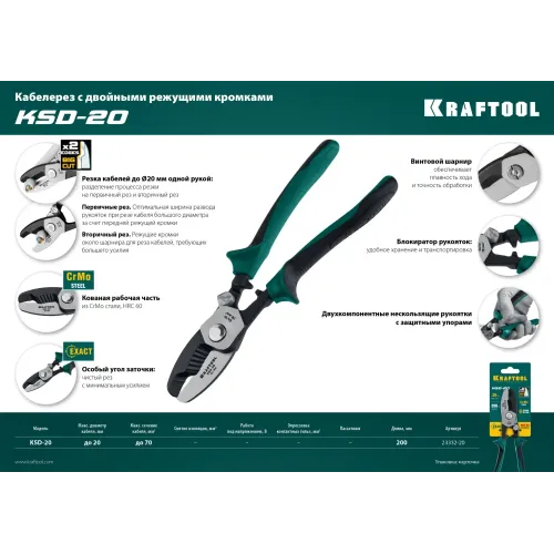 KRAFTOOL KSD-20, d 20мм, 200мм, с двойными режущими кромками, кабелерез (23332-20)
