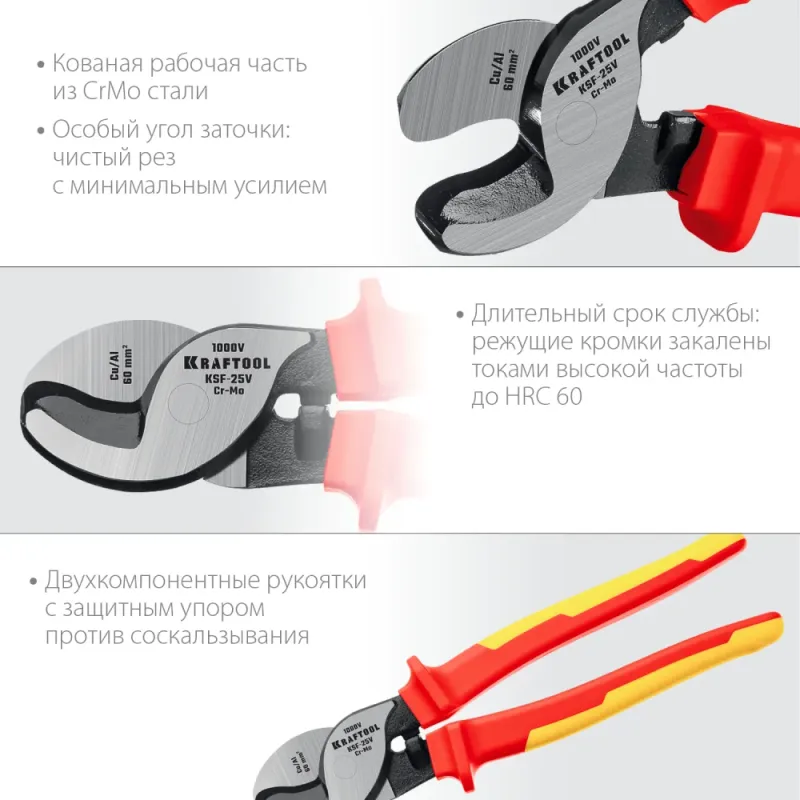 KRAFTOOL KSF-25V, d 13 мм, 250 мм, VDE, 1000 В, усиленный, диэлектрический кабелерез (23334-25V)