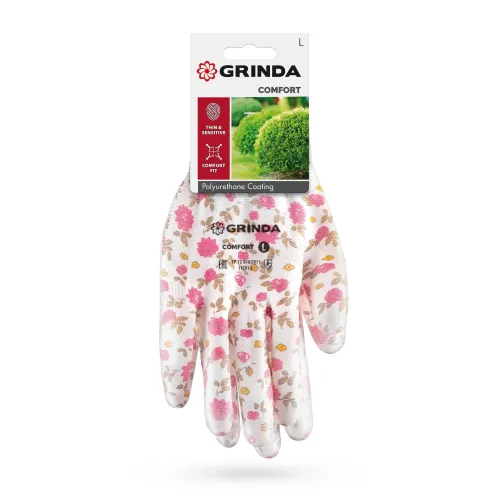 GRINDA COMFORT, L (9), садовые перчатки с прозрачным полиуретановым покрытием, розовые, 13 класс (11291-L)