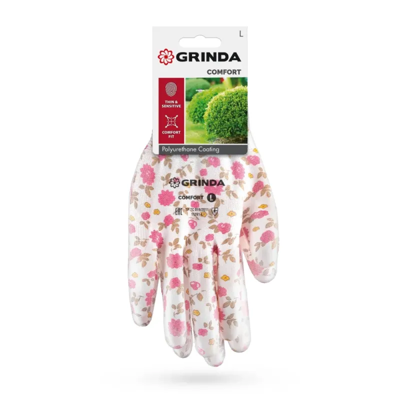 GRINDA COMFORT, L (9), садовые перчатки с прозрачным полиуретановым покрытием, розовые, 13 класс (11291-L)