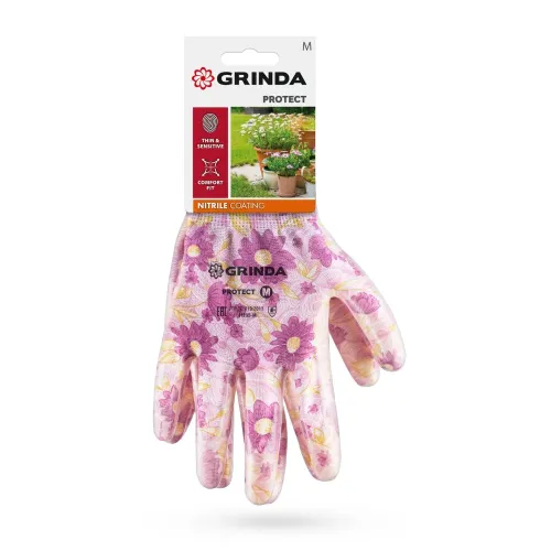 GRINDA PROTECT, M (8), садовые перчатки с прозрачным нитриловым покрытием, фиолетовые, 13 класс (11295-M)