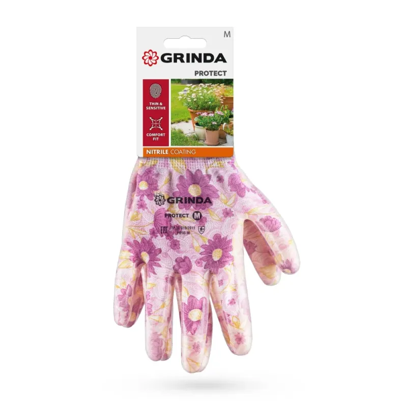 GRINDA PROTECT, M (8), садовые перчатки с прозрачным нитриловым покрытием, фиолетовые, 13 класс (11295-M)