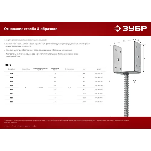 ЗУБР ОС-U, 61 x 120 x 60 мм, U-образное основание столба (310286-060)