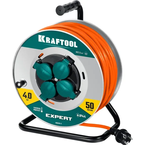 KRAFTOOL EXPERT 4.0, ПВС 3х2.5 50м 4000Вт IP44, силовой удлинитель на стальной катушке (55089-50)