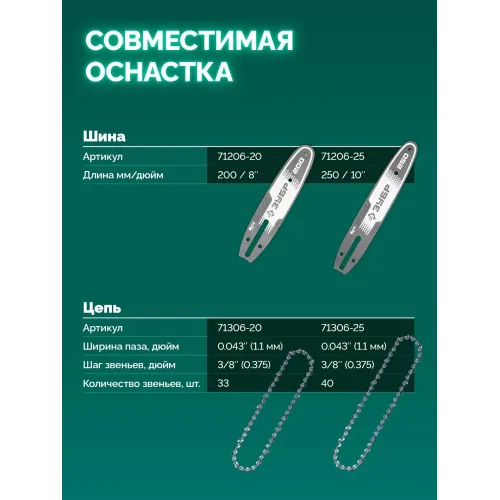 ЗУБР 20 В, 200 мм шина (Тип 6), 1 АКБ LMS (2 Ач), мини-пила цепная аккумуляторная (ПЦБ-2020-21)
