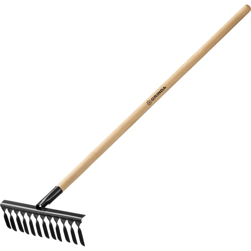 GRINDA GS-12 WOOD, 385 х 95 х 1300 мм, 12 витых зубцов, углеродистая сталь, антикор. покрытие, черенок дерев. высш. сорт, садовые грабли(39581-12)