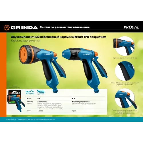 GRINDA B-R, плавная регулировка напора, курок сзади, двухкомпонентный, поливочный пистолет, PROLine (429111)