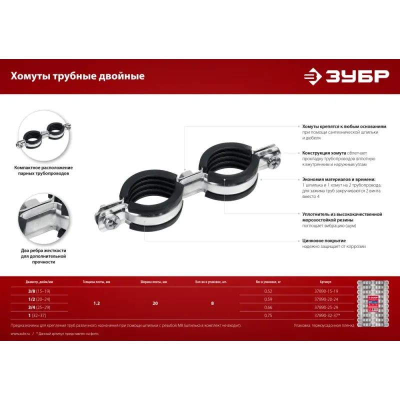 ЗУБР 3/8″, цинк, 8 шт, двойной трубный хомут (37890-15-19)