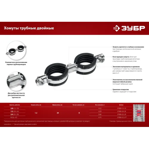 ЗУБР 3/4″, цинк, 8 шт, двойной трубный хомут (37890-25-29)