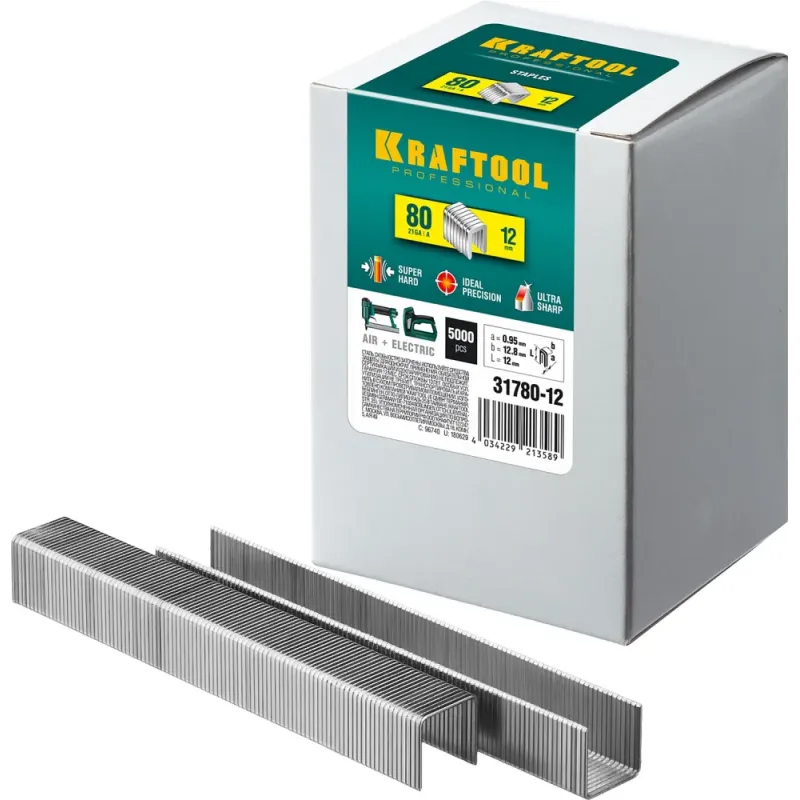 KRAFTOOL скобы тип 80 (BeA/Prebena A/Senco AT), 12 мм, калибр 21GA. 5000 шт (31780-12)