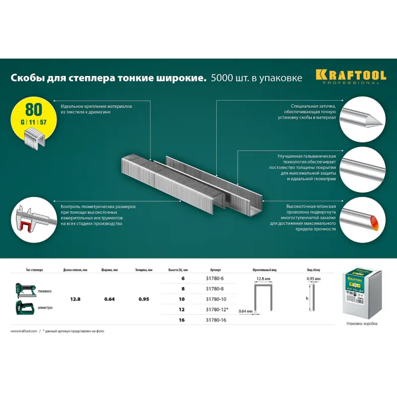 KRAFTOOL скобы тип 80 (BeA/Prebena A/Senco AT), 6 мм, калибр 21GA. 5000 шт (31780-6)