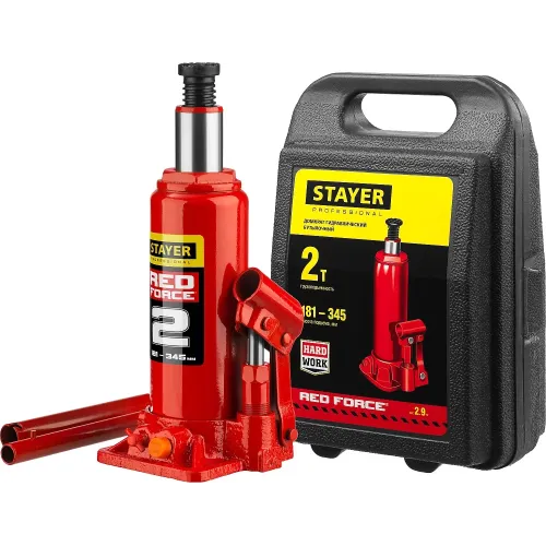 STAYER RED FORCE, в кейсе, 2 т, 181 - 345 мм, бутылочный гидравлический домкрат, Professional (43160-2-K)
