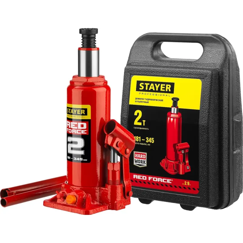 STAYER RED FORCE, в кейсе, 2 т, 181 - 345 мм, бутылочный гидравлический домкрат, Professional (43160-2-K)