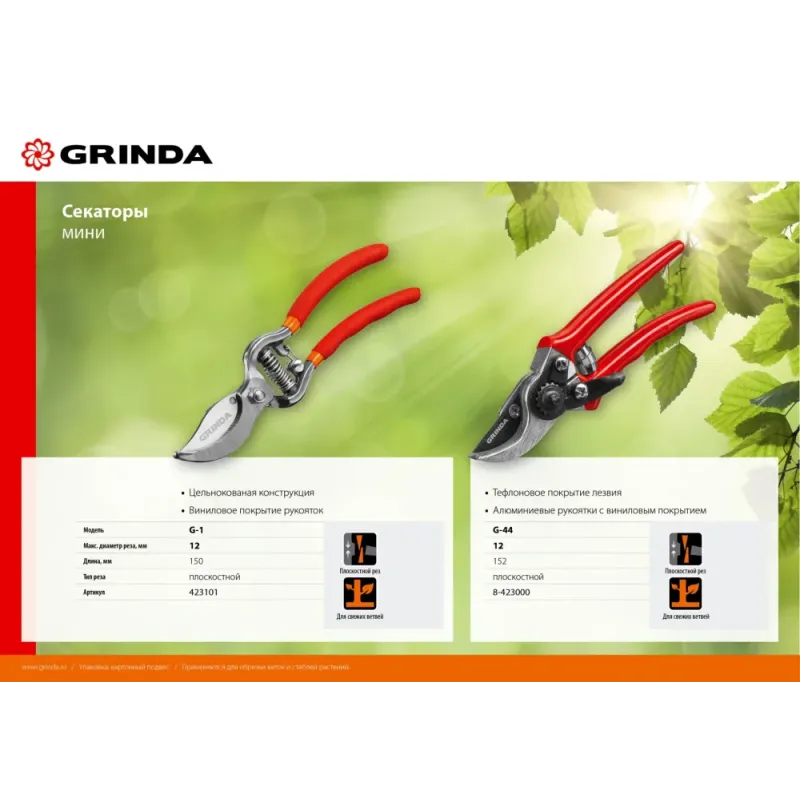 GRINDA G-44, 152 мм, закаленные лезвия, тефлоновое покрытие, алюминиевые рукоятки, виниловое покрытие, плоскостной мини-секатор (8-423000)