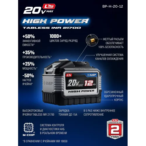 ЗУБР High Power, 20 В, 12.0 А·ч, аккумулятор LMS, ПРОФЕССИОНАЛ (BP-H-20-12)