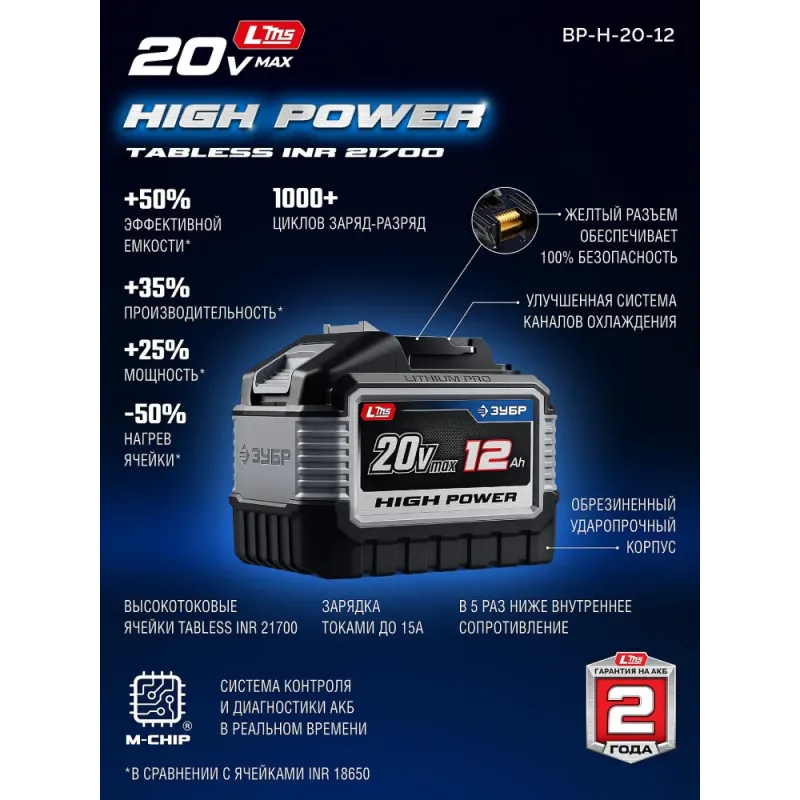 ЗУБР High Power, 20 В, 12.0 А·ч, аккумулятор LMS, ПРОФЕССИОНАЛ (BP-H-20-12)