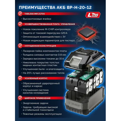 ЗУБР High Power, 20 В, 12.0 А·ч, аккумулятор LMS, ПРОФЕССИОНАЛ (BP-H-20-12)