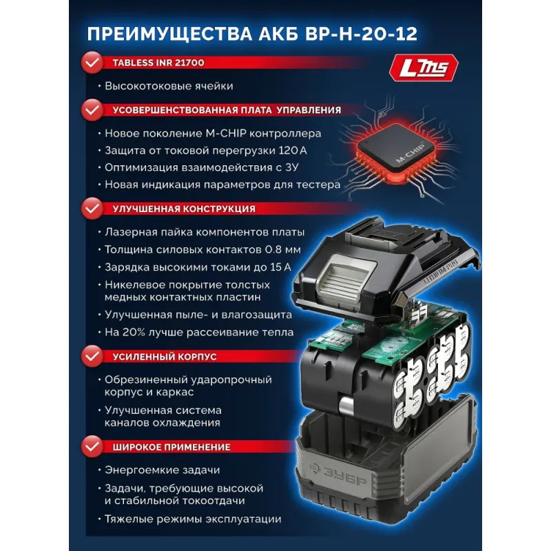ЗУБР High Power, 20 В, 12.0 А·ч, аккумулятор LMS, ПРОФЕССИОНАЛ (BP-H-20-12)