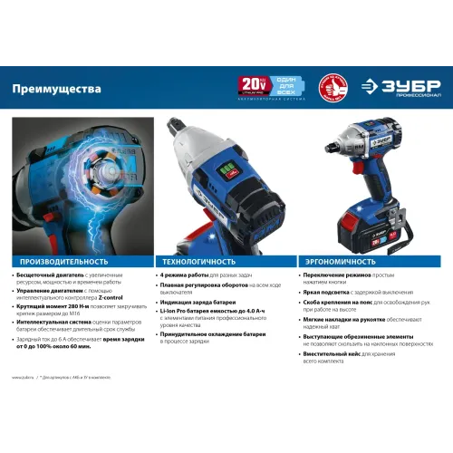 ЗУБР Т7, 20 В, 280 Н·м, 2 АКБ (4 А·ч), бесщеточный гайковерт, кейс, Профессионал (GB-250-42)