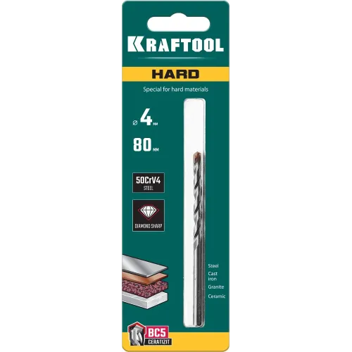 KRAFTOOL Hard, 4 х 80 мм, тв.сплав ВС5, сверло специальное по твёрдым материалам (29177-080-4)