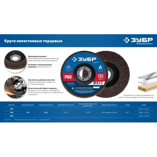 ЗУБР 125 х 22.2 мм, P80, КЛТ, Круг лепестковый торцевой (36591-125-80)