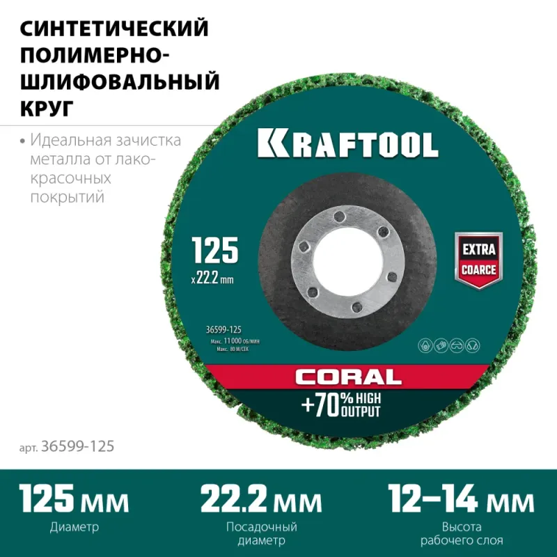 KRAFTOOL 125 х 22.2 мм, диск полимерно-шлифовальный коралловый зачистной (36599-125)