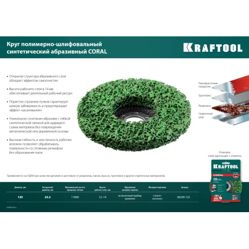 KRAFTOOL 125 х 22.2 мм, диск полимерно-шлифовальный коралловый зачистной (36599-125)