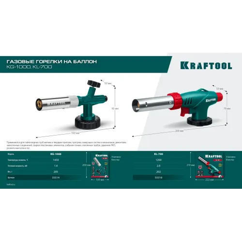 KRAFTOOL KG-1000 цельнометаллическая с пьезоподжигом, газовая горелка на баллон (55514)