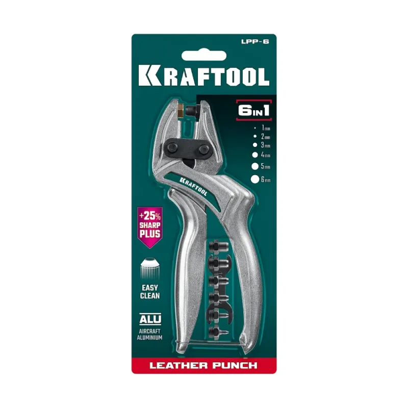 KRAFTOOL LPP-6 с набором насадок 1-6 мм, мощный дырокол для кожи (22952)