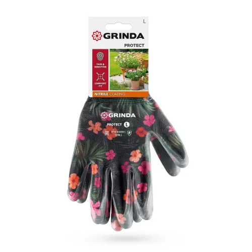 GRINDA PROTECT, L (9), садовые перчатки с прозрачным нитриловым покрытием, чёрные, 13 класс (11296-L)