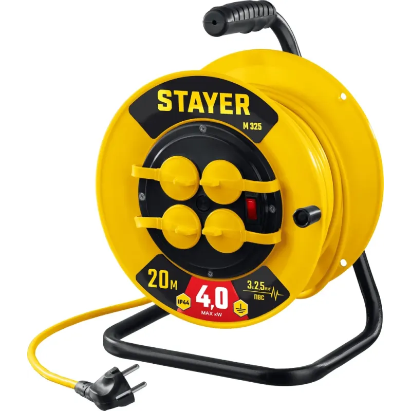 STAYER М-325, ПВС, 3 х 2.5 мм2, 20 м, 4000 Вт, IP44, силовой удлинитель на катушке (55064-20)