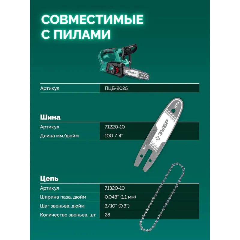 ЗУБР тип 20, 10 см, шаг 3/10″, паз 1.1 мм, 28 звеньев, цепь (71320-10)