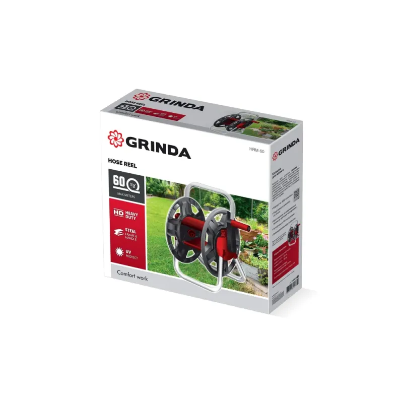 GRINDA HRM-60, для шлангов 60м x 1/2″ и 30м х 3/4″, стальные опоры, пластиковый барабан, катушка для шлангов (8-428410)